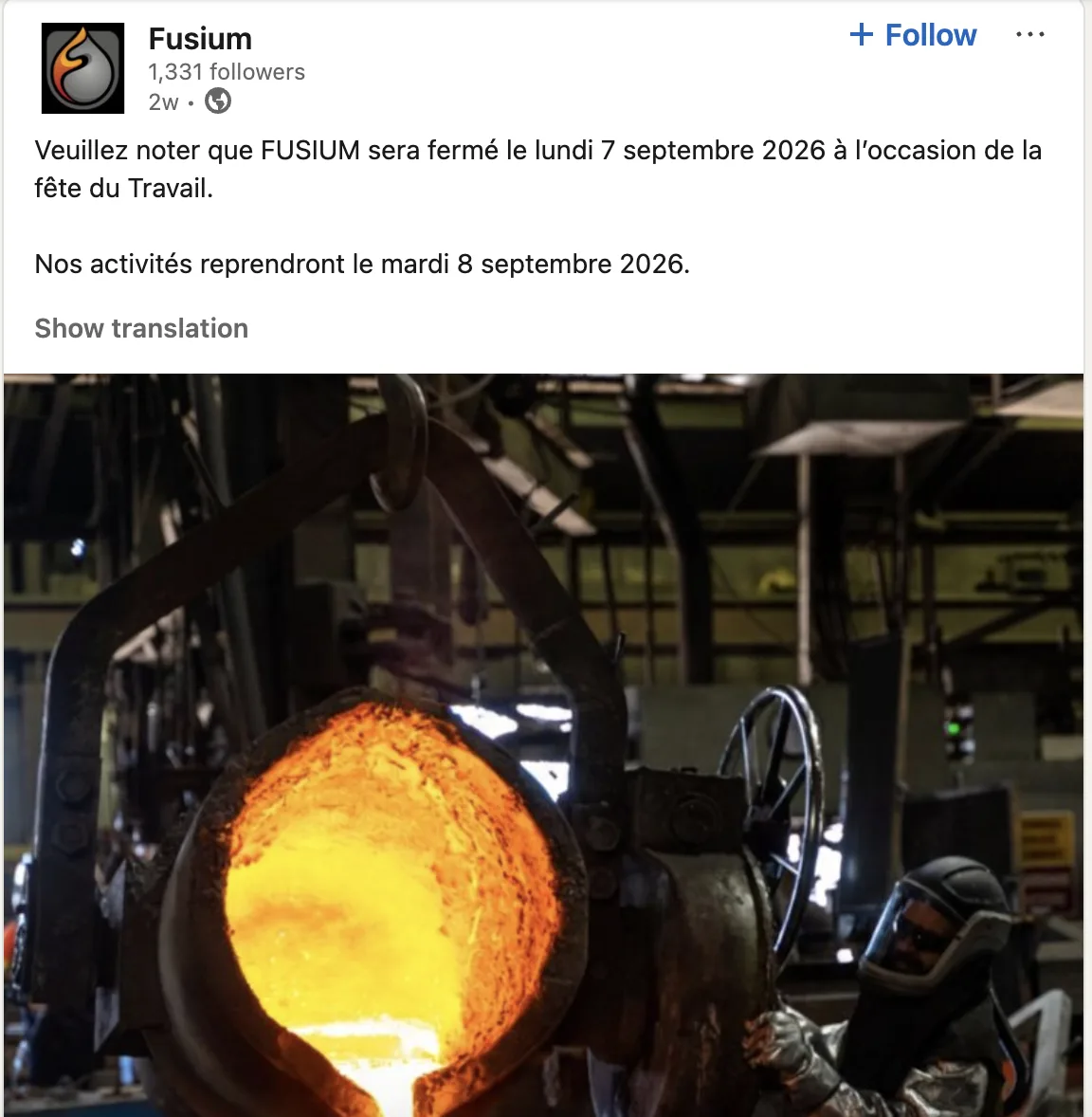 Fusium LinkedIn post announcing the Labour Day closure over a photo of molten metal being poured